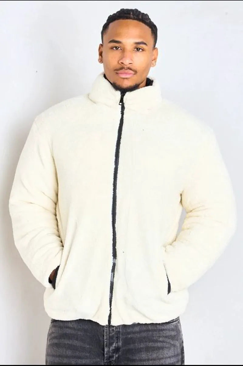 Reversible black down jacket with white shearling interior