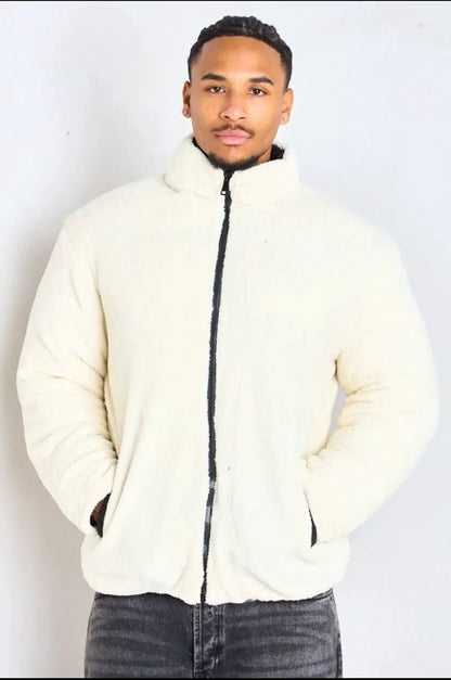 Reversible black down jacket with white shearling interior