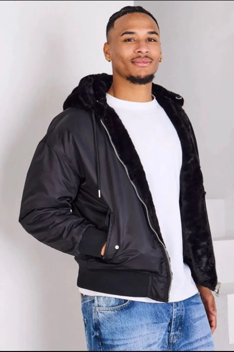 Reversible black fur down jacket