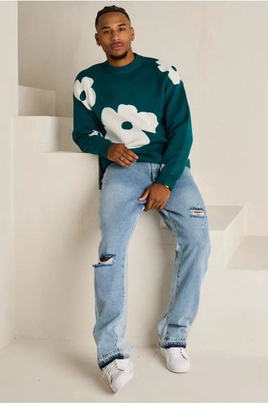 Teal floral-patterned sweater