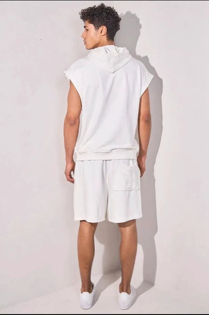Patterned two-piece set: hooded sleeveless jacket + white shorts