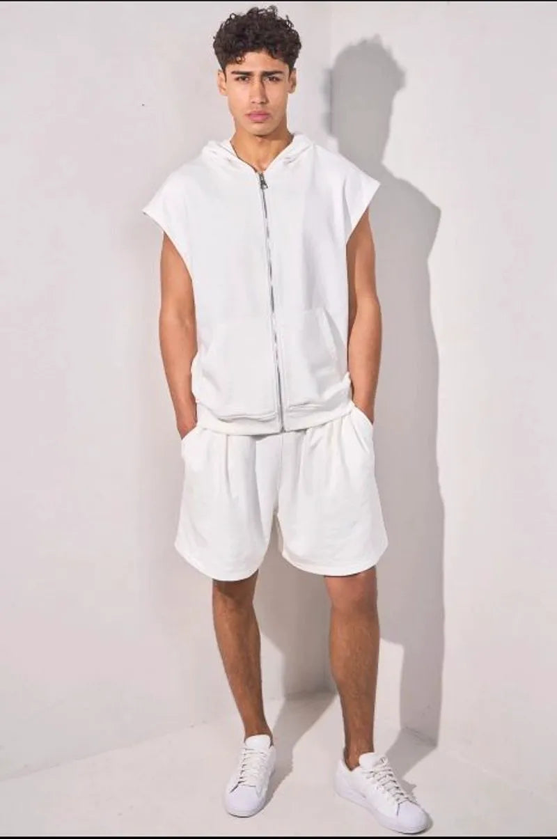 Patterned two-piece set: hooded sleeveless jacket + white shorts