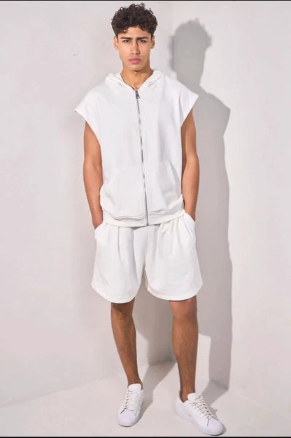Patterned two-piece set: hooded sleeveless jacket + white shorts