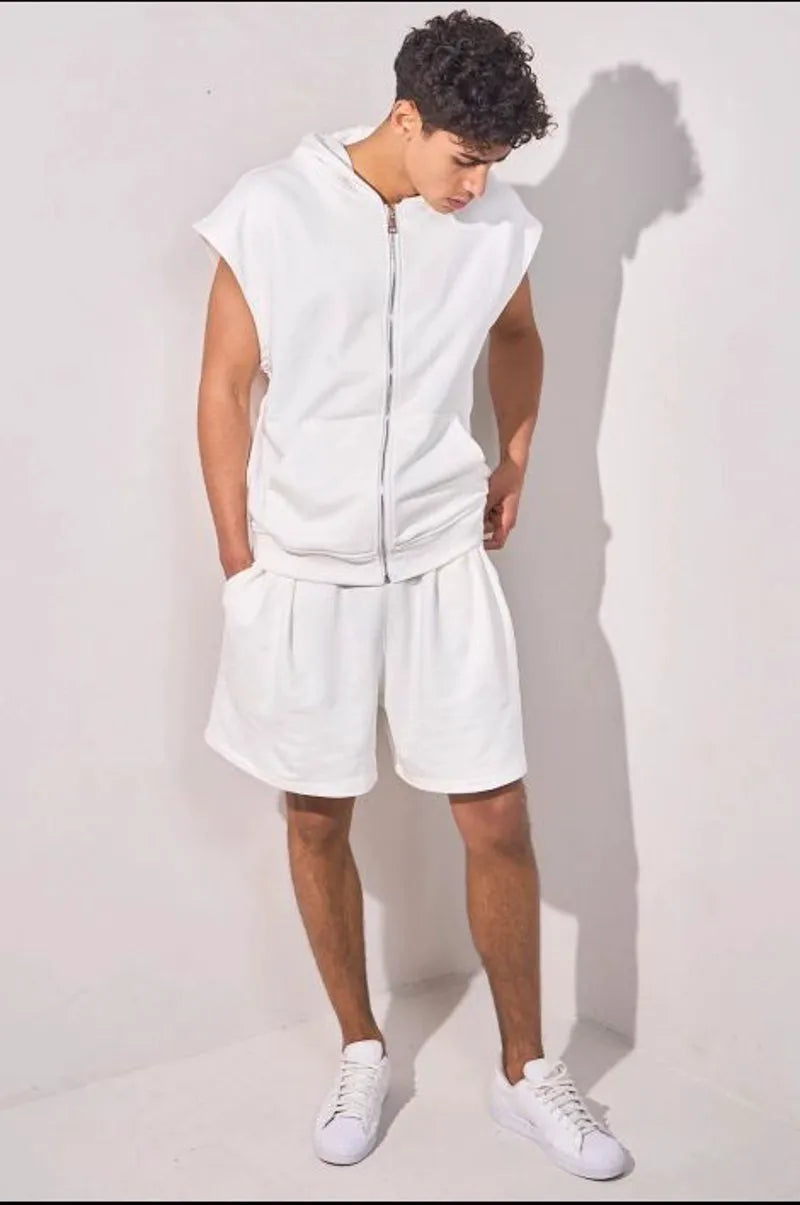 Patterned two-piece set: hooded sleeveless jacket + white shorts