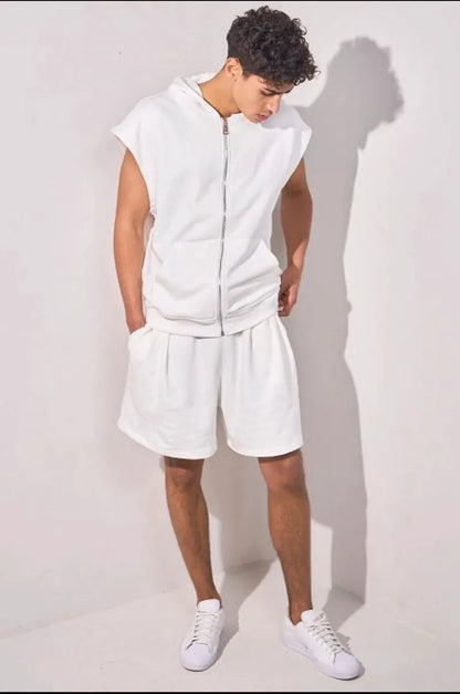 Patterned two-piece set: hooded sleeveless jacket + white shorts