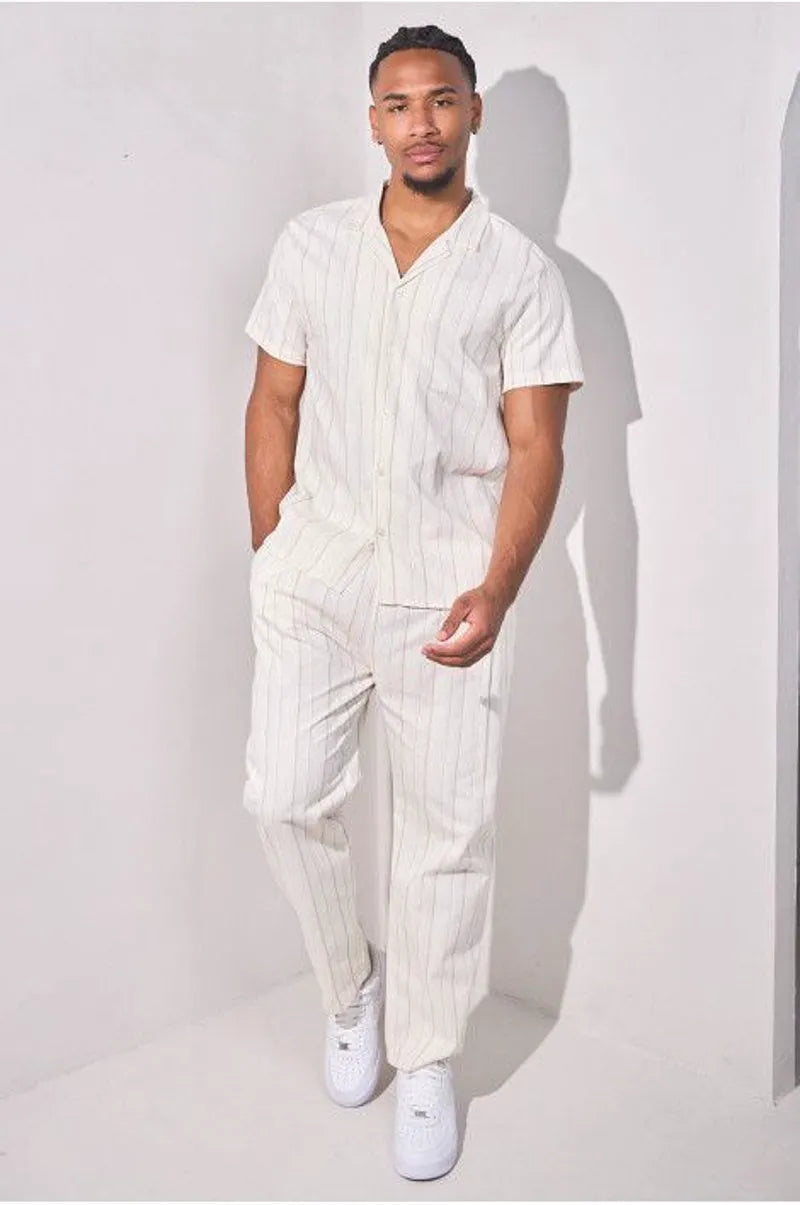 Embroidered striped two-piece set: shirt + beige trousers