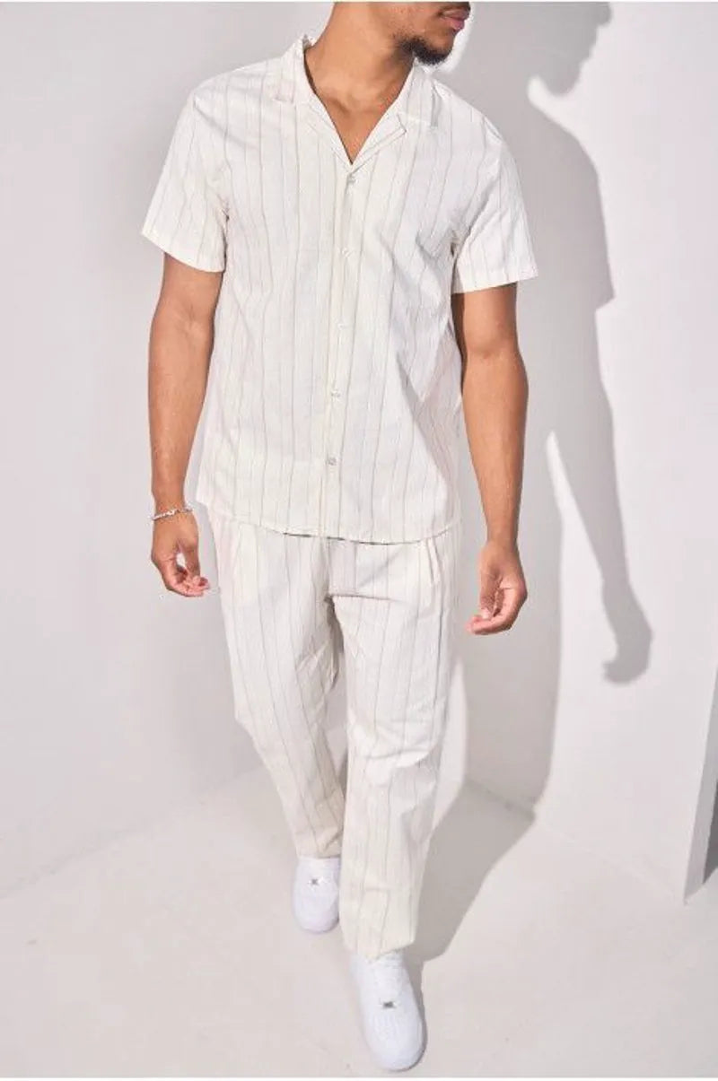 Embroidered striped two-piece set: shirt + beige trousers