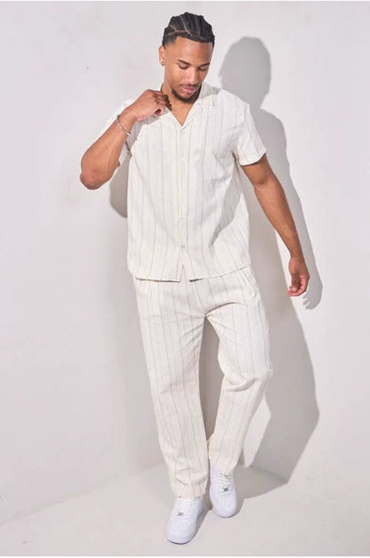 Embroidered striped two-piece set: shirt + beige trousers
