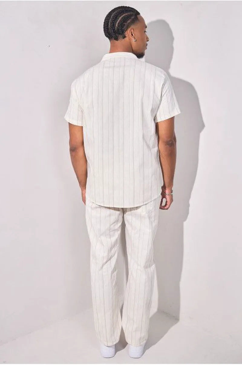 Embroidered striped two-piece set: shirt + beige trousers