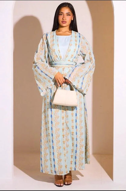 Ensemble 2 pièces : abaya + kimono bleu clair colorés