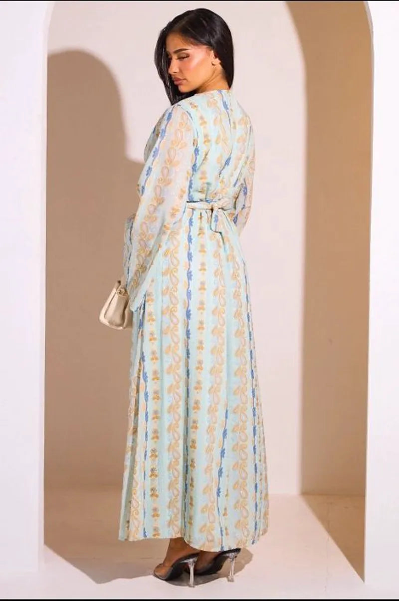 Ensemble 2 pièces : abaya + kimono bleu clair colorés