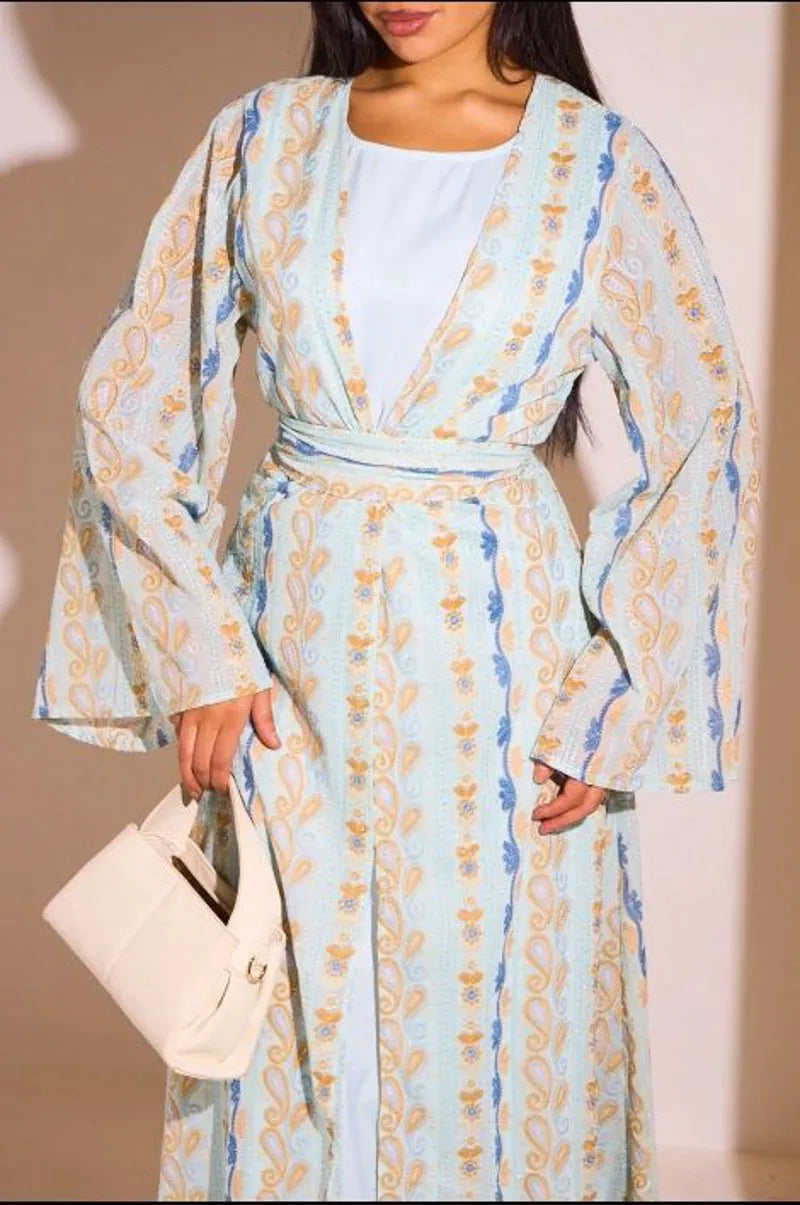 Ensemble 2 pièces : abaya + kimono bleu clair colorés