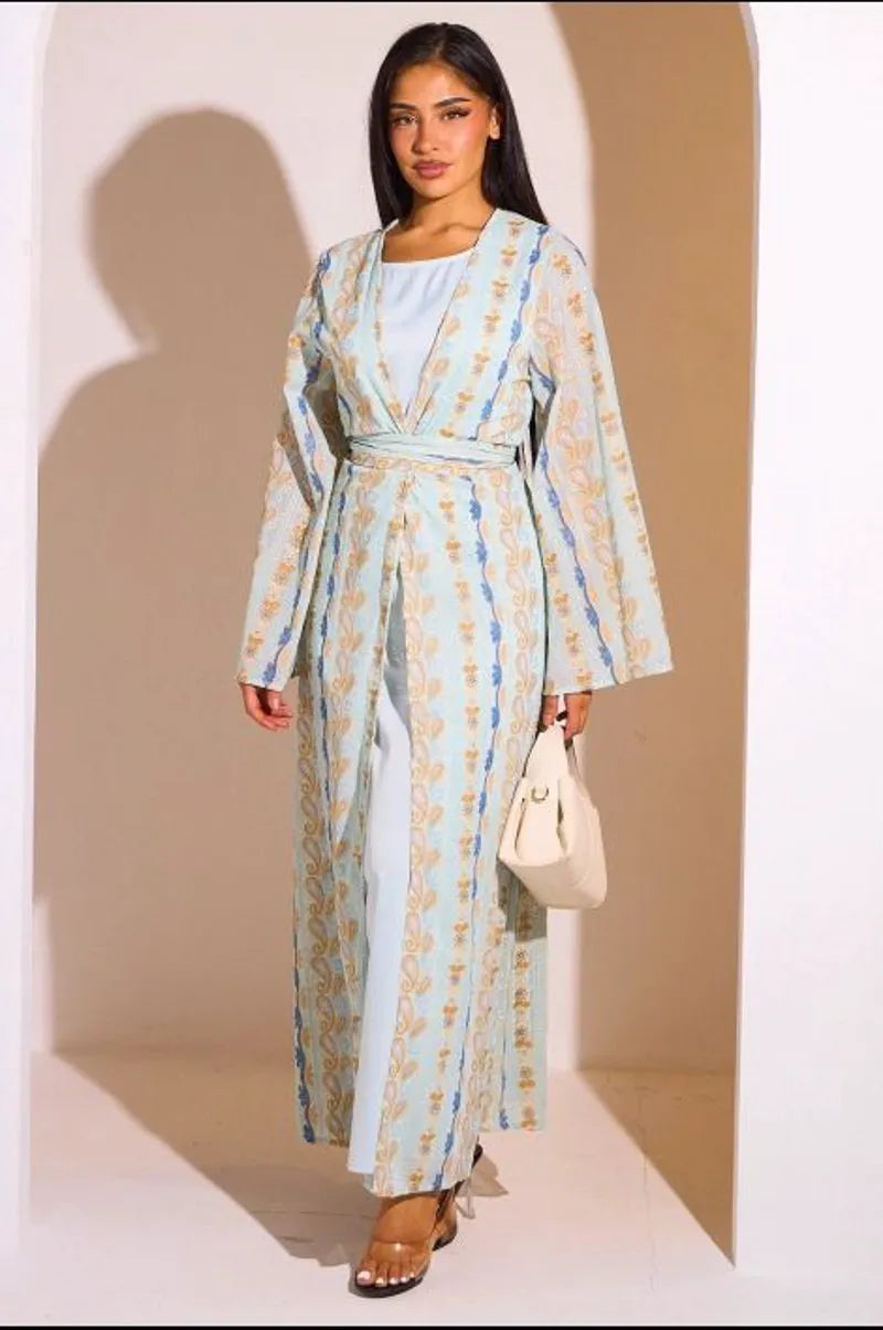 Ensemble 2 pièces : abaya + kimono bleu clair colorés