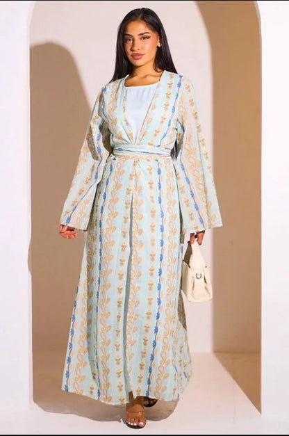 Ensemble 2 pièces : abaya + kimono bleu clair colorés