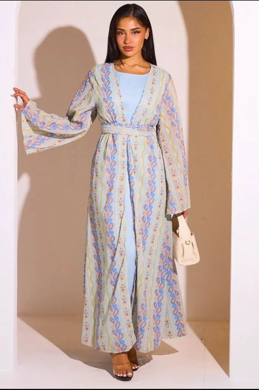 Ensemble 2 pièces : abaya + kimono bleu colorés