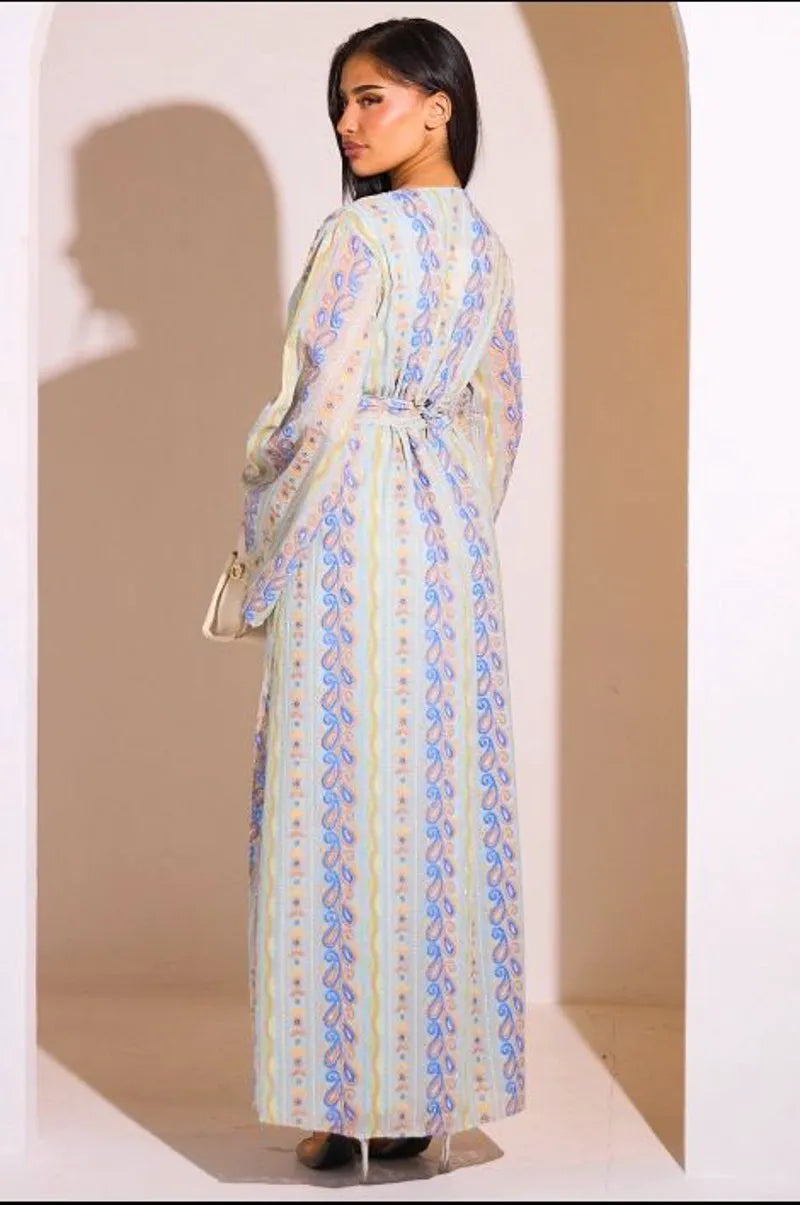 Ensemble 2 pièces : abaya + kimono bleu colorés