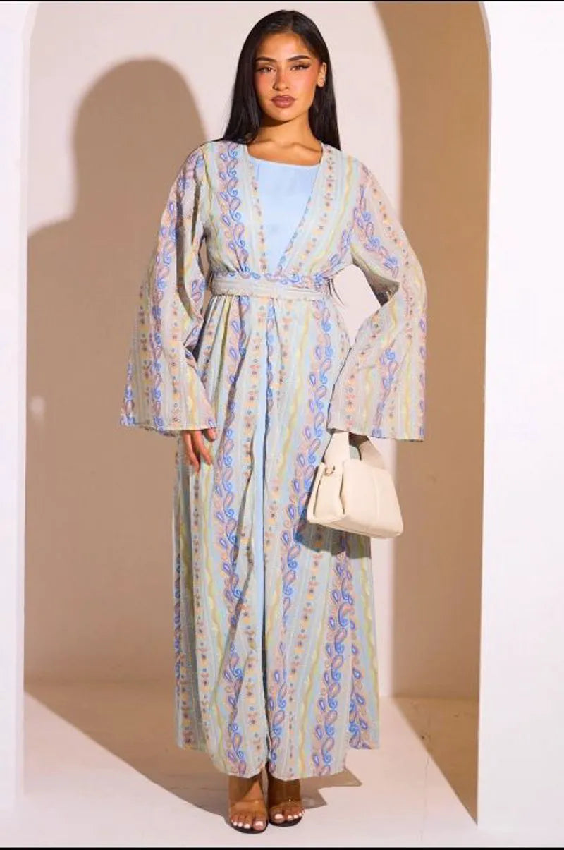Ensemble 2 pièces : abaya + kimono bleu colorés