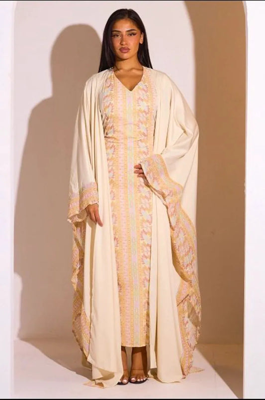 Ensemble 2 pièces : abaya + kimono écru à motif géométrique