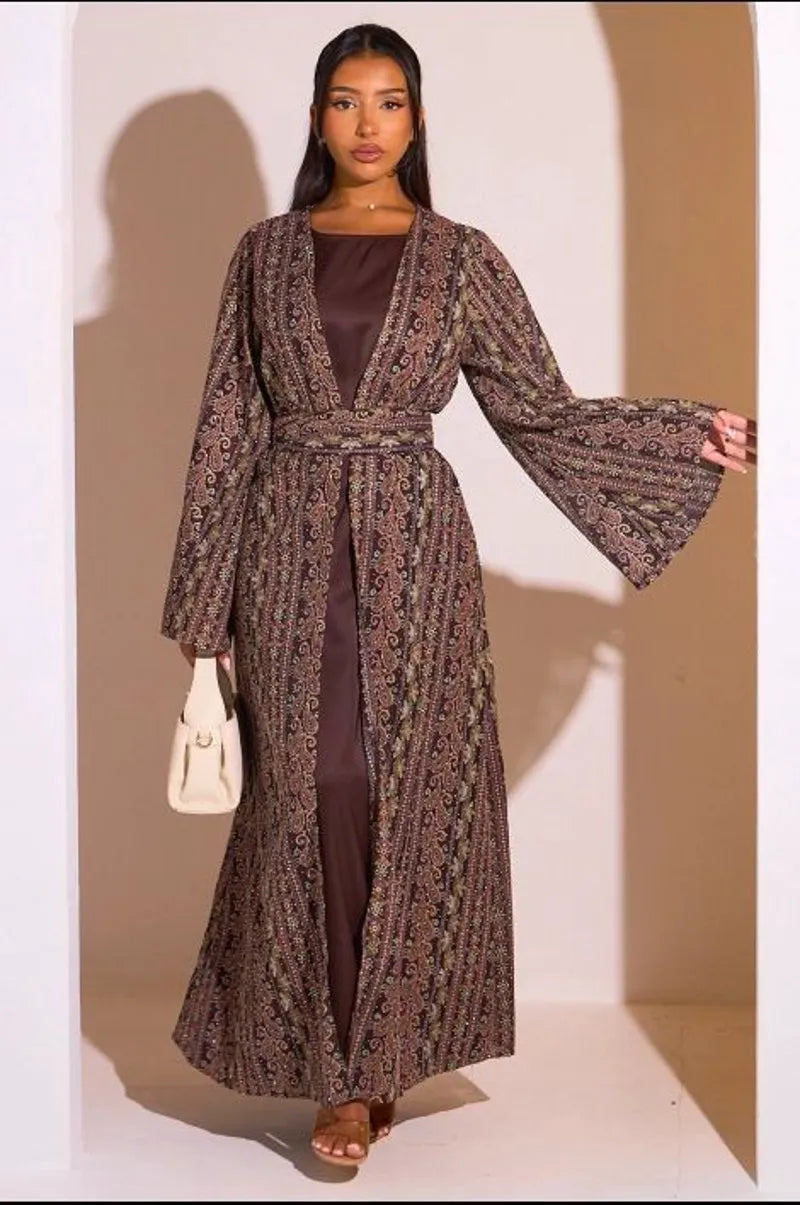Ensemble 2 pièces : abaya + kimono marron colorés