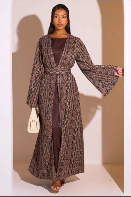 Ensemble 2 pièces : abaya + kimono marron colorés