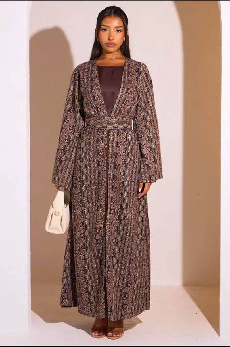 Ensemble 2 pièces : abaya + kimono marron colorés