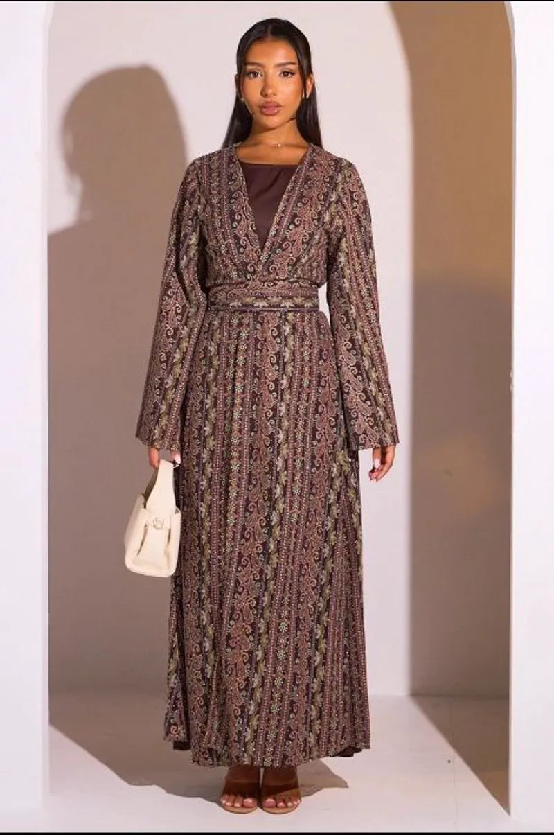 Ensemble 2 pièces : abaya + kimono marron colorés