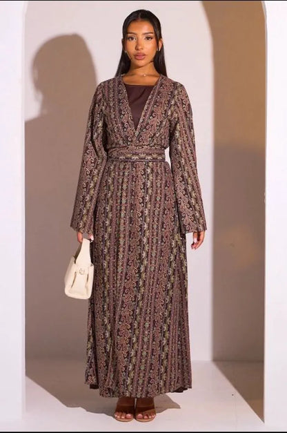 Ensemble 2 pièces : abaya + kimono marron colorés