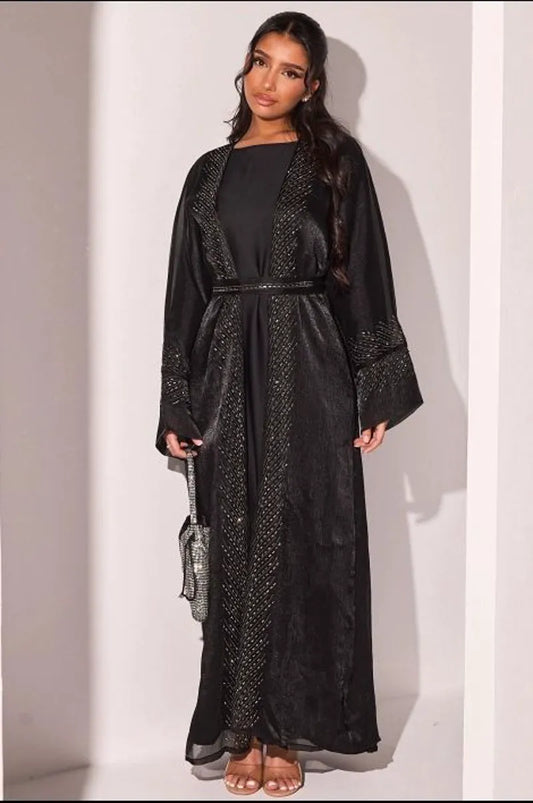 Ensemble 2 pièces abaya + kimono noir en voile à strass + voile