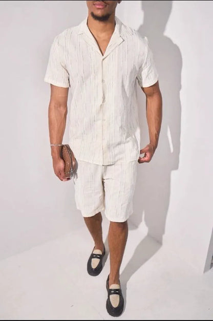Beige two-piece set with embroidered green striped shirt and shorts