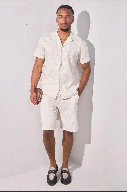 Beige two-piece set with embroidered green striped shirt and shorts