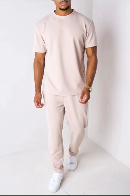 Beige piqué knit two-piece set: top + trousers