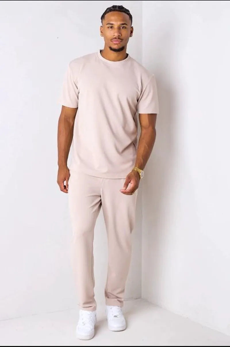 Beige piqué knit two-piece set: top + trousers