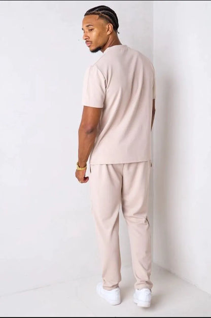 Beige piqué knit two-piece set: top + trousers