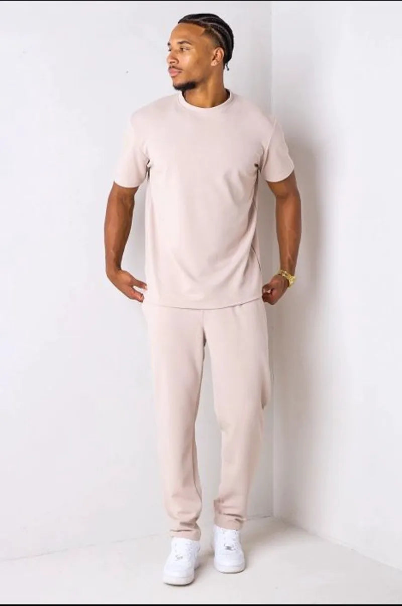 Beige piqué knit two-piece set: top + trousers