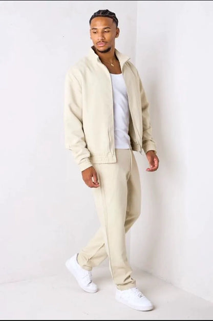 Beige two-piece set: zip-up jacket + trousers