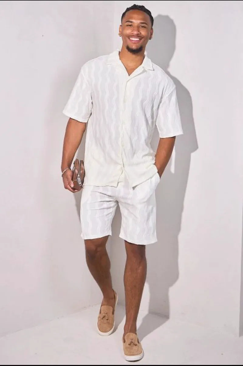 White two-piece set with vertically embroidered waves: shirt + shorts