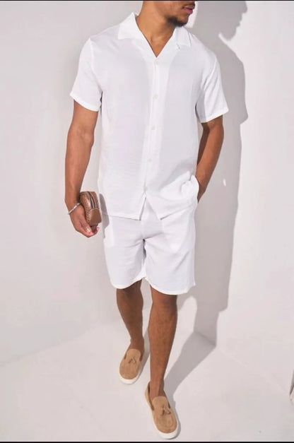 White linen-effect two-piece set: shirt + shorts