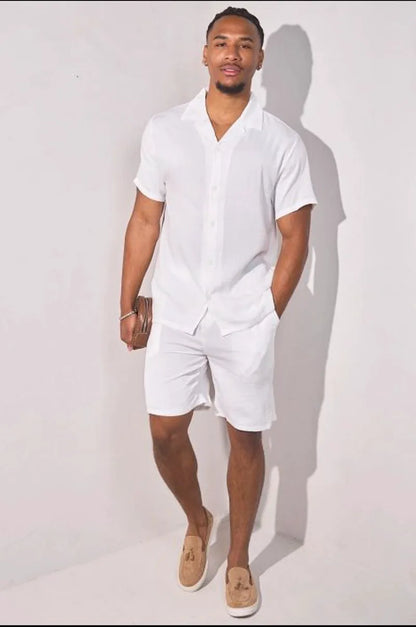 White linen-effect two-piece set: shirt + shorts