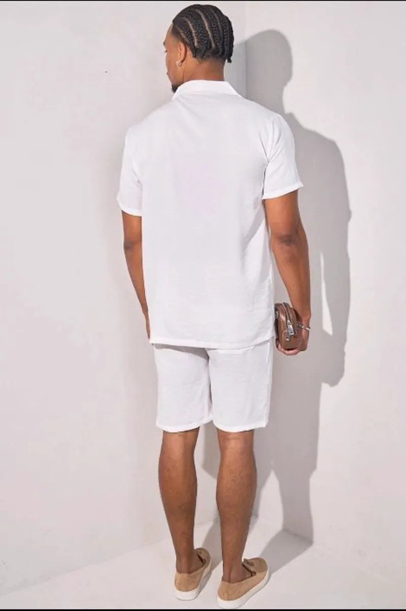 White linen-effect two-piece set: shirt + shorts