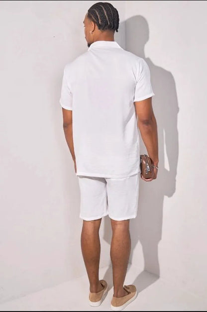 White linen-effect two-piece set: shirt + shorts