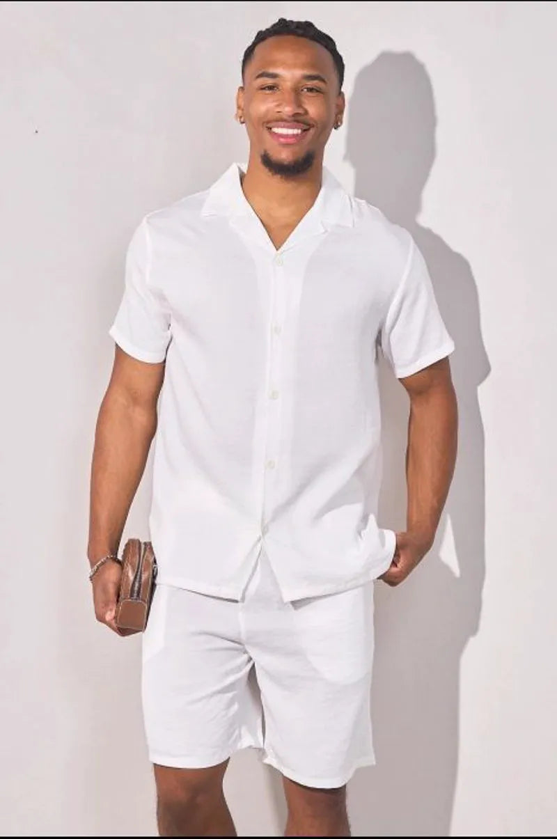 White linen-effect two-piece set: shirt + shorts