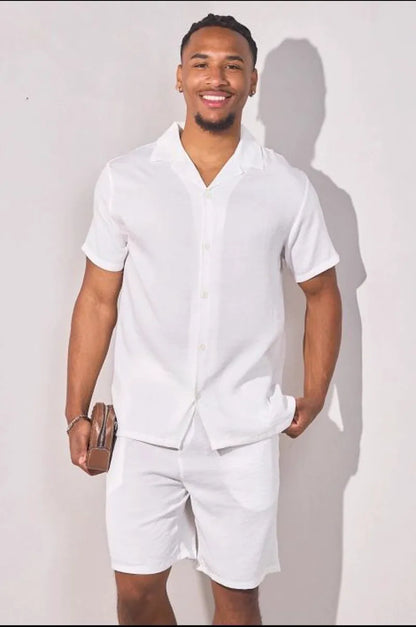 White linen-effect two-piece set: shirt + shorts
