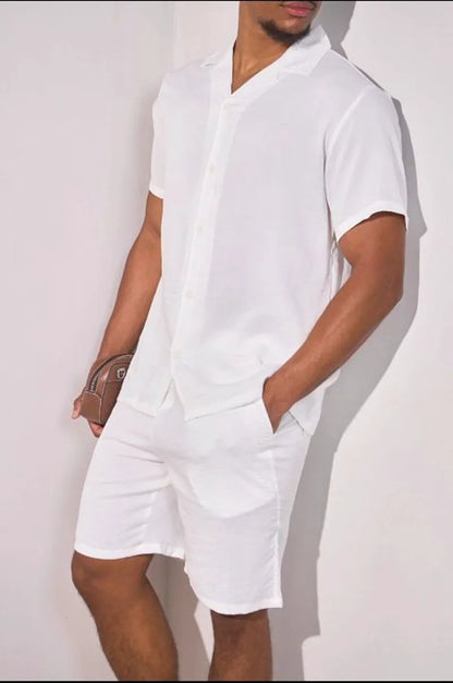 White linen-effect two-piece set: shirt + shorts