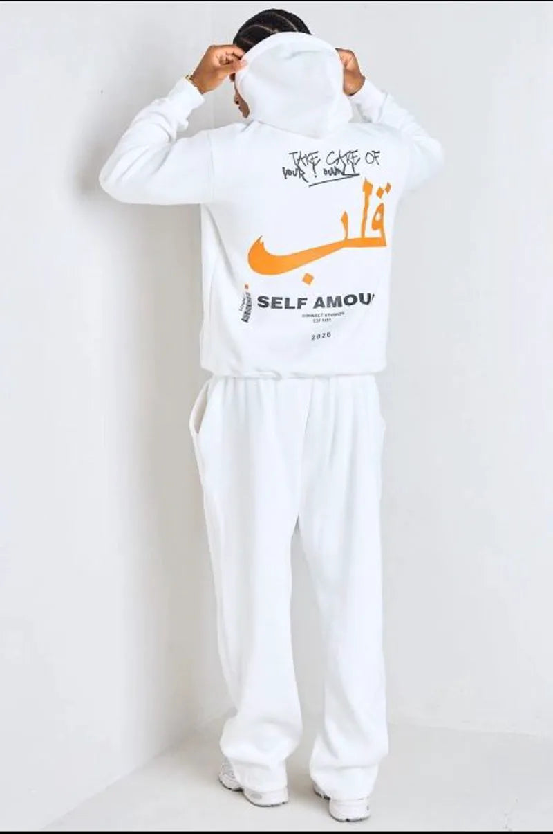 White "self love" two-piece set: sweater + joggers