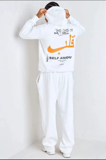 White "self love" two-piece set: sweater + joggers