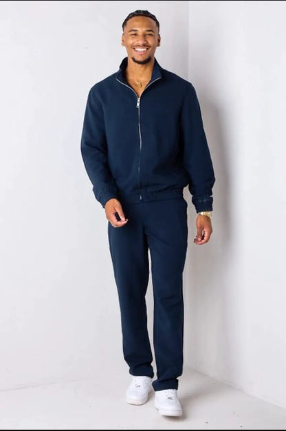 Navy blue two-piece set: zip-up jacket + trousers