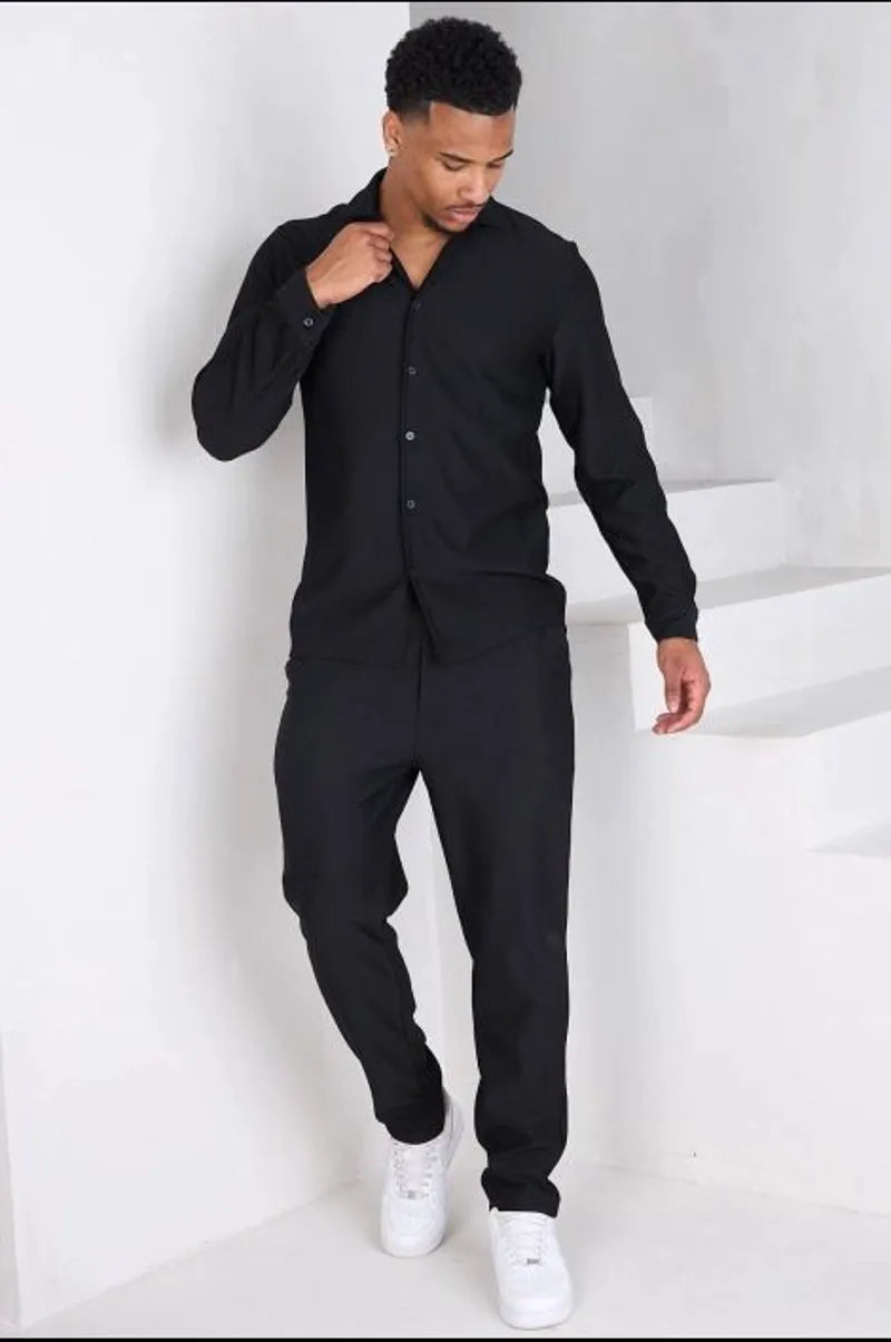 Two-piece set: black ribbed shirt + trousers