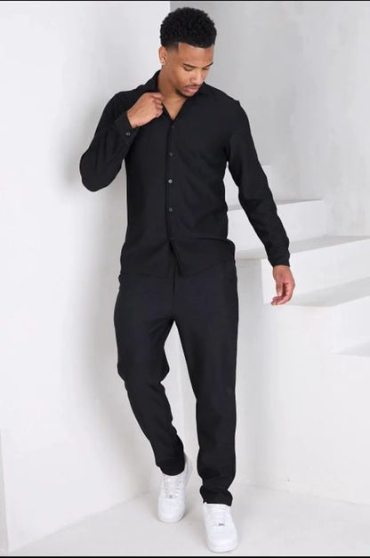Two-piece set: black ribbed shirt + trousers