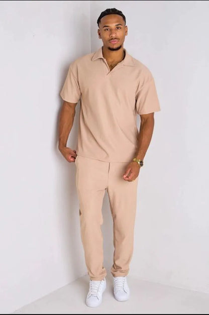 Beige ribbed two-piece set: polo collar top + trousers