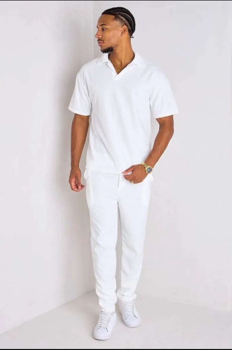 Ribbed two-piece set: white polo collar top + pants